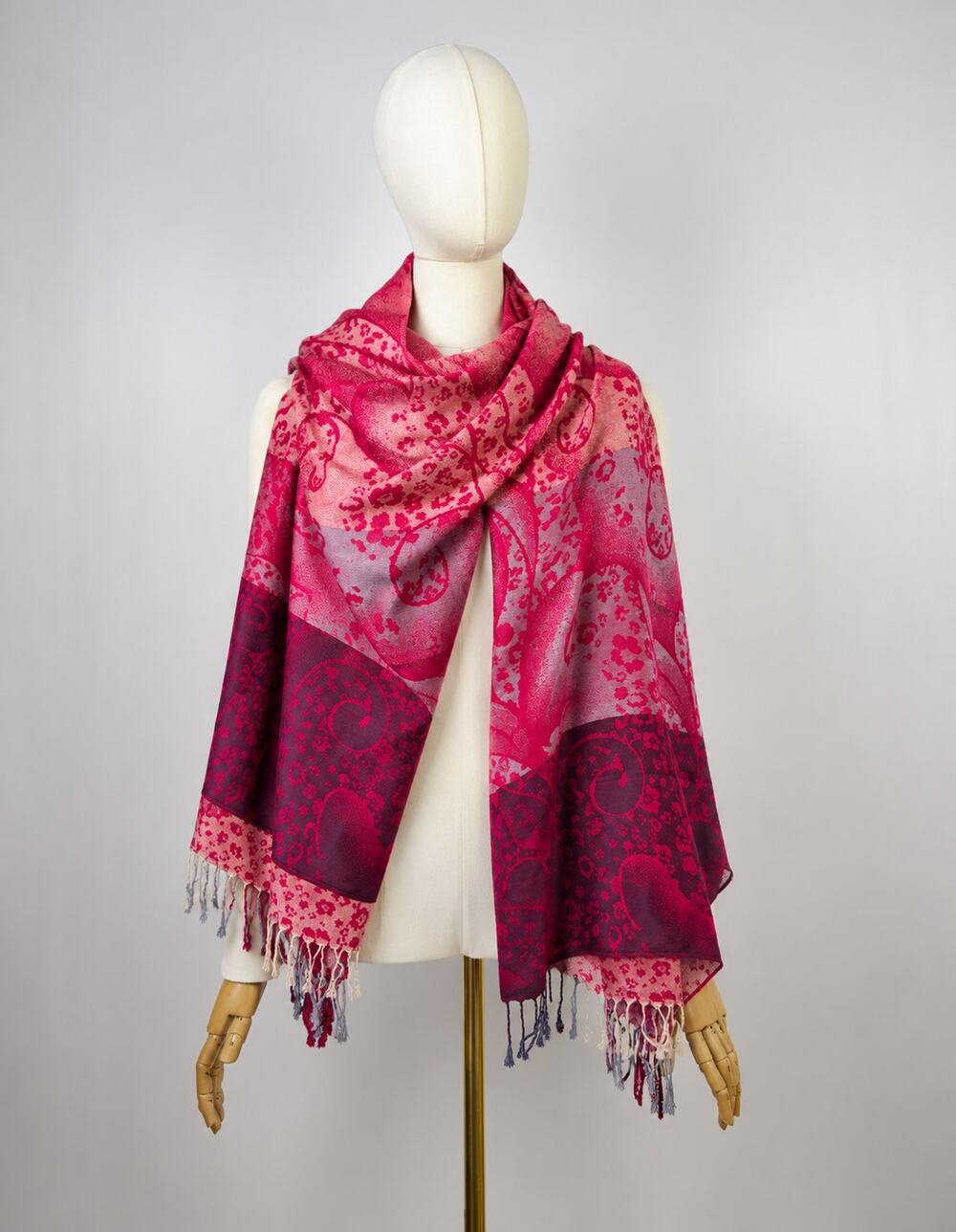 Red and Burgundy Paisley Pashmina Shawl with Jacquard Weave and Ombre Fringe